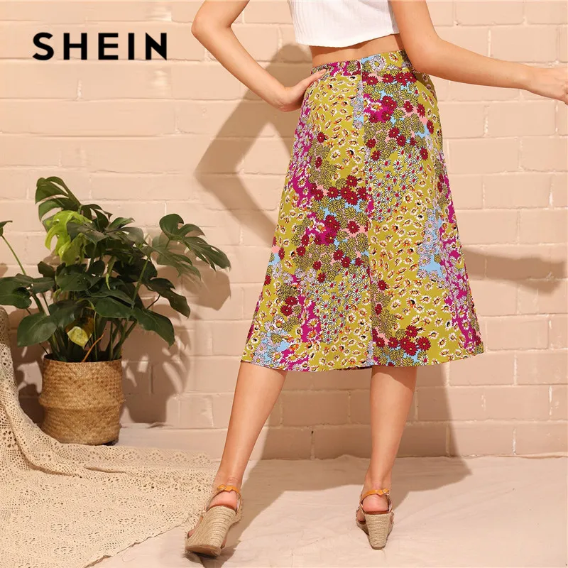 SHEIN Юбка С Пуговицами И Цветочным Принтом Женская Многоцветная Летняя Богемная Юбка С Высокой Талией