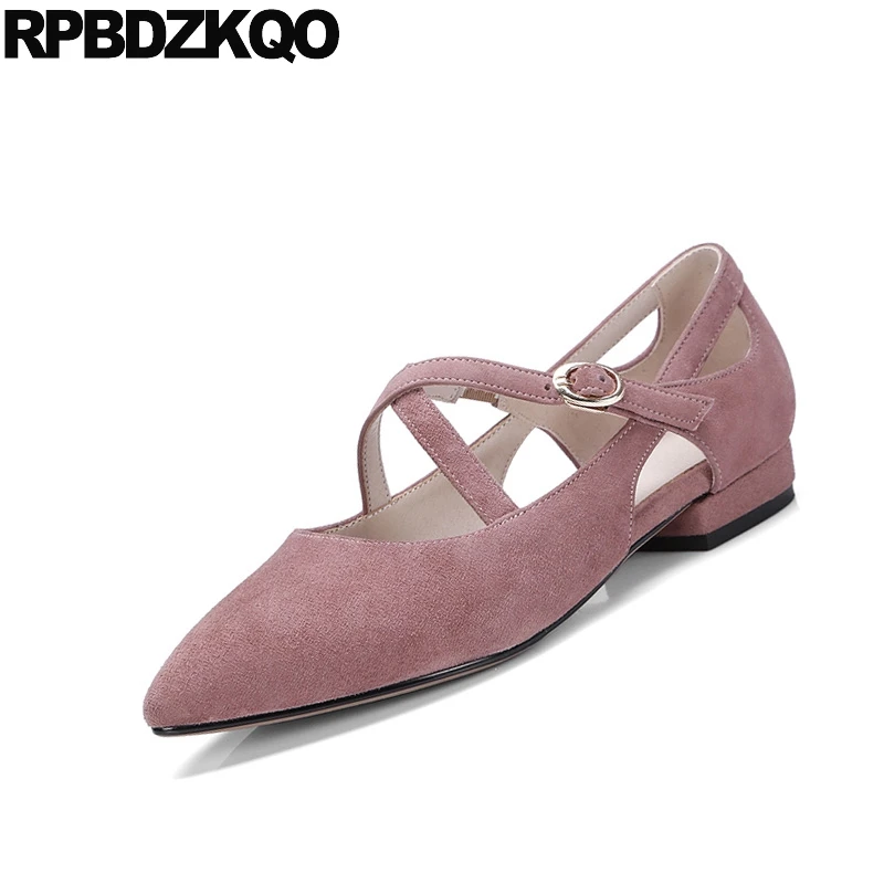 2021 Nude Pink Ladies Korean Women Pointed Toe Latest Shoes Designer China Beautiful Mary Jane Flats Mori Girl Suede Cross Strap | Обувь