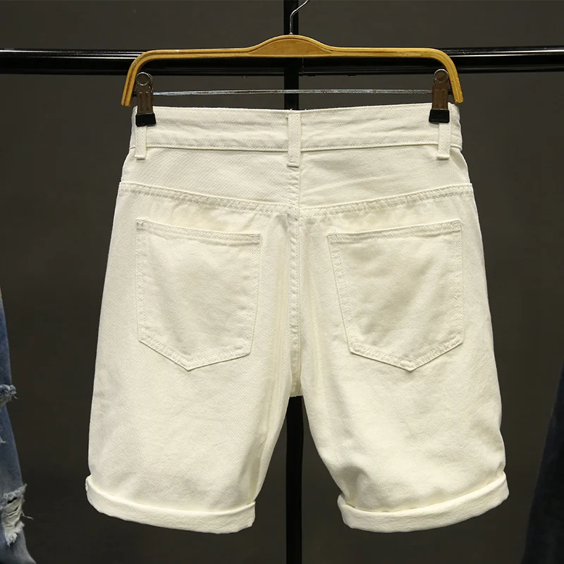 Summer white Men Ripped Loose Straight Jeans Short Fashion Hip hop Bermuda Holes male Solid color Casual Beach Denim shorts