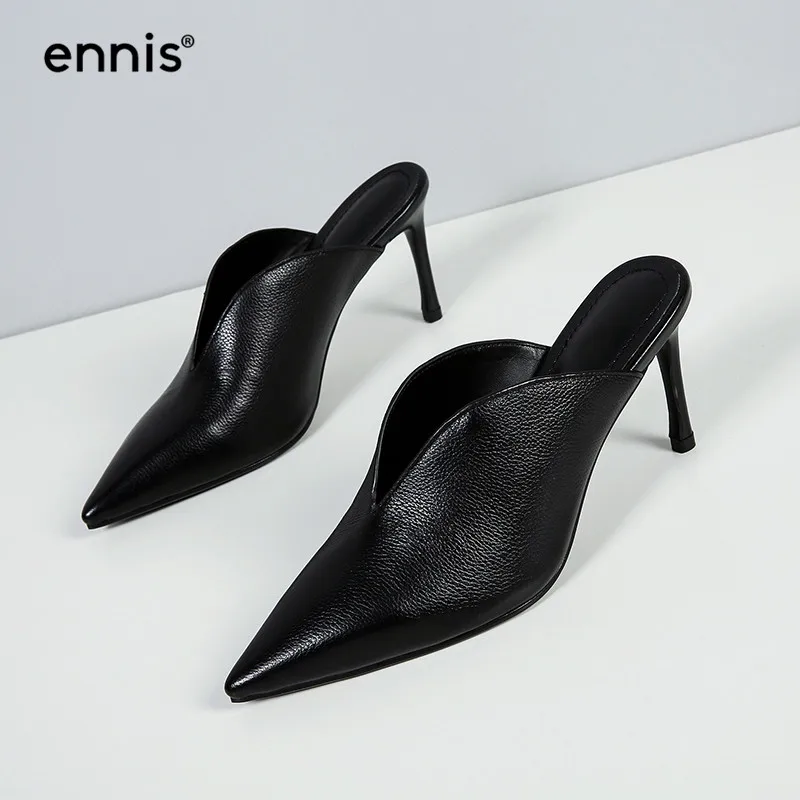 ENNIS/; новые дизайнерские шлепанцы на высоком каблуке; женские пикантные Шлепанцы из натуральной кожи с острым носком; модные мягкие туфли без задника с пряжкой; M806