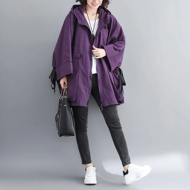 purple Новинка, женское весенне-осеннее пальто размера плюс, свободная Длинная ветровка с большим карманом и капюшоном, верхняя одежда X301 - Цвет: purple