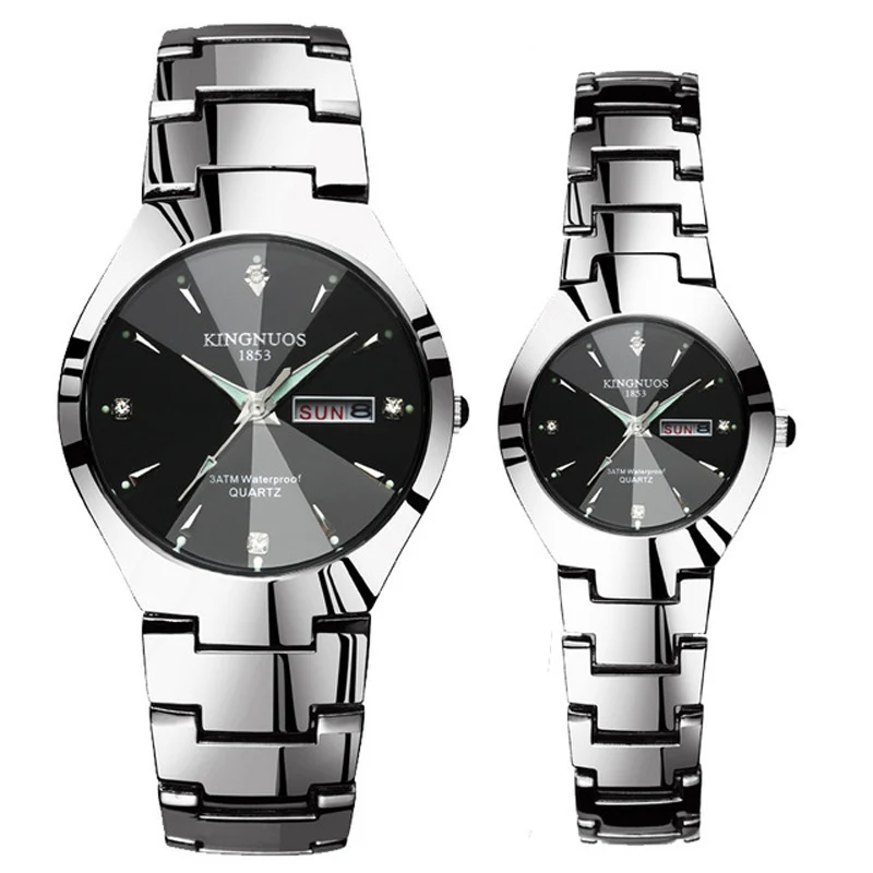 Couple Silver Black Couple Watches for Lovers Kingnuos Brand Quality Quartz Wrist Watch Men and Women Watches Date Week Luminous Display Pair Hours - Цвет: Couple Silver Black