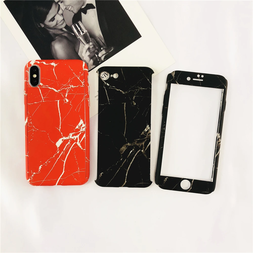 Fashion Red Marble Texture Cases For IPhone 6 6S 7 8 Plus 5 SE X Black 360 Degree Stone Full Protective Hard Capa |