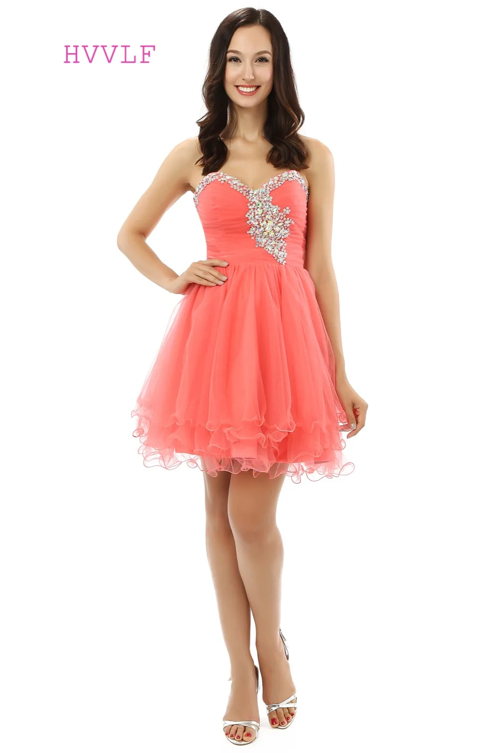 

Coral Homecoming Dresses A-line Sweetheart Short Mini Organza Beaded Crystals Elegant Sweet 16 Cocktail Dresses