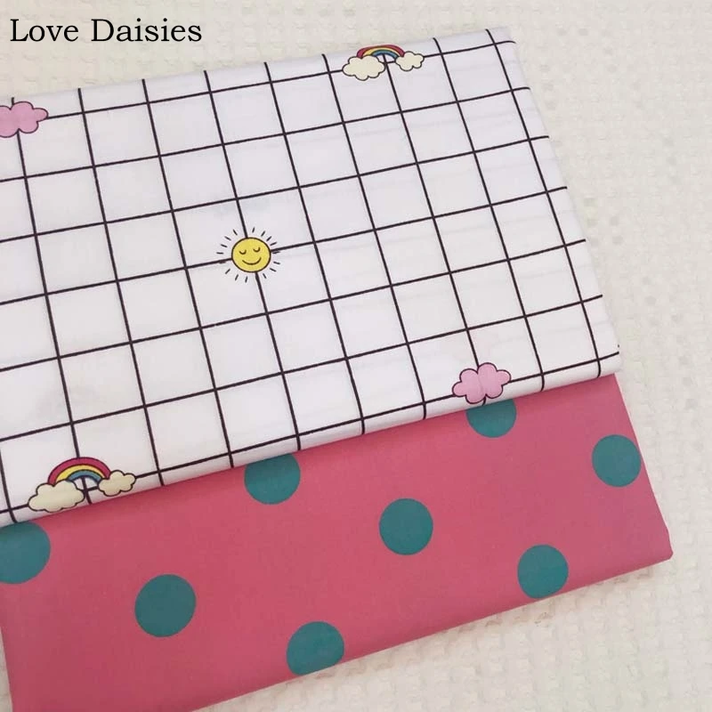 

100% Cotton WHITE Check Sun Cloud Rainbow ROSE RED Big Dark Green Polka Dot Twill Fabrics for DIY Apparel Dress Decor Handcraft