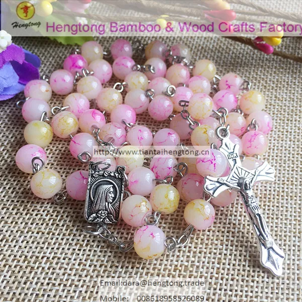

Pink beaded necklace, alloy cross necklace, peach pink glass necklace