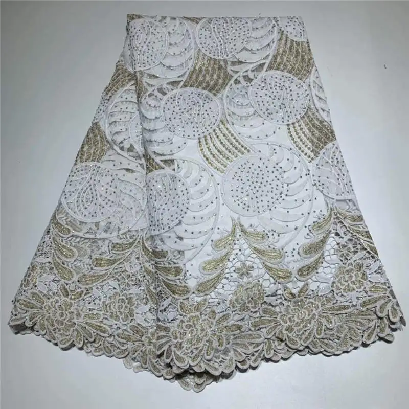 

New Arrival Embroidered African Guipure Lace Fabrics High Quality Tulle Lace Fabric With Beads For Wedding Dress! ZQF543