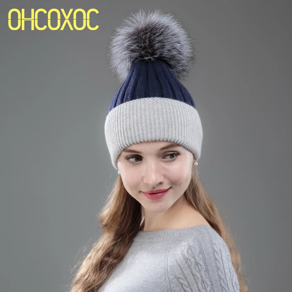 Новинка женские шапки OHCOXOC из натурального Лисьего меха шапка с помпоном норки