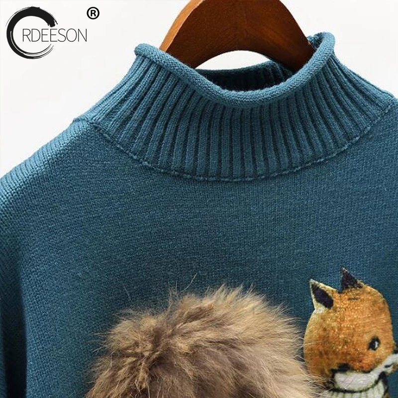 ORDEESON 3D Fox Fur Embroidery Vintage Turtleneck Fall 2017 Fashion Winter Women Sweaters and Pullovers Jumper Knitted Sweater | Женская