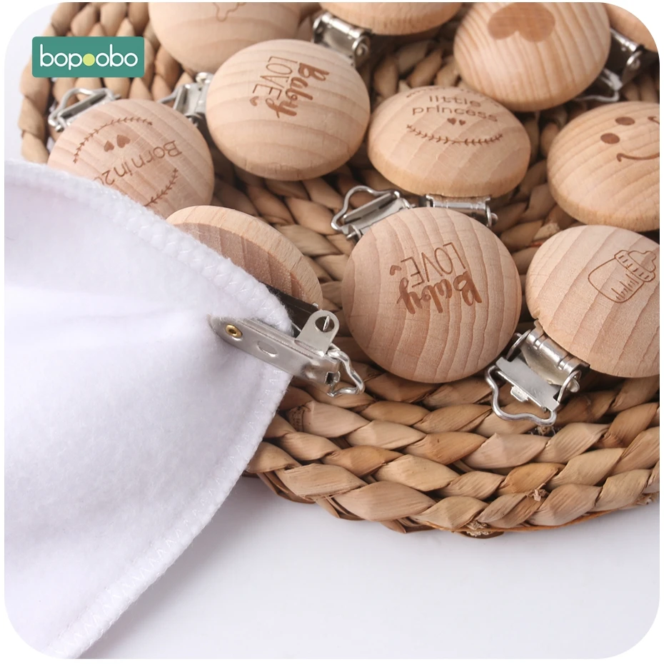 Bopoobo 5pcs Metal Wooden Baby Pacifier Clips Holders Printing Infant Soother Clasps Holders Accessories DIY Tool Baby Teether