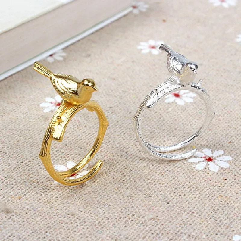 Женское кольцо с 3D птичкой на ветке из стерлингового серебра 925 пробы золотого