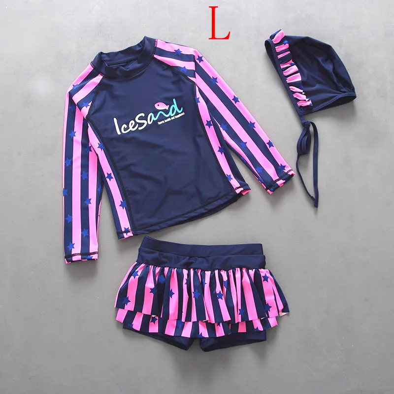 SIZE L Детский купальный костюм для девочек, фиолетовый, с защитой от солнца, с длинным рукавом, из трех частей, купальный костюм для девочек, пляжный костюм, купальные костюмы - Цвет: SIZE L