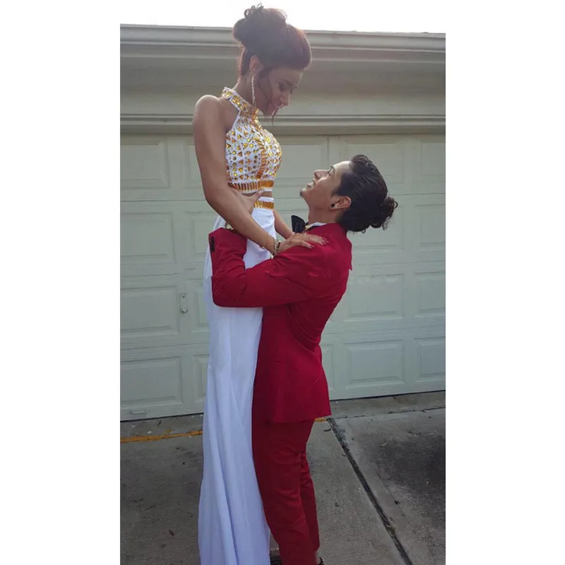 Белый платье с сплит шифон сексуальные гала бисером крозе топ 2 шт. пром платья