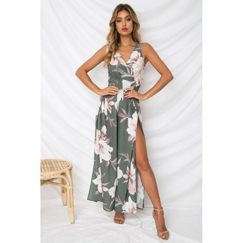 Sexy Deep V Neck Elegant Vintage Beach Jumpsuit Summer Backless Bow Wide Leg High Split Straight Casual Women Romper Jumpsuit - Цвет: 18633-Green