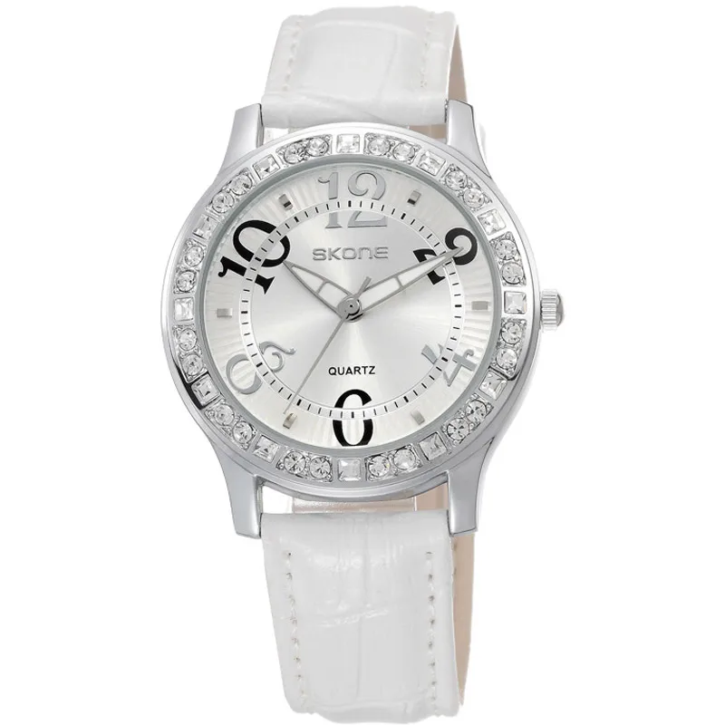 SKONE новый дизайн модные со стразами кожаные женские роскошные часы повседневные