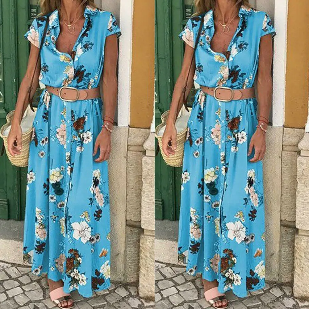 Женское платье-Макси Boho Летнее Длинное Платье с отложным воротником и цветочным