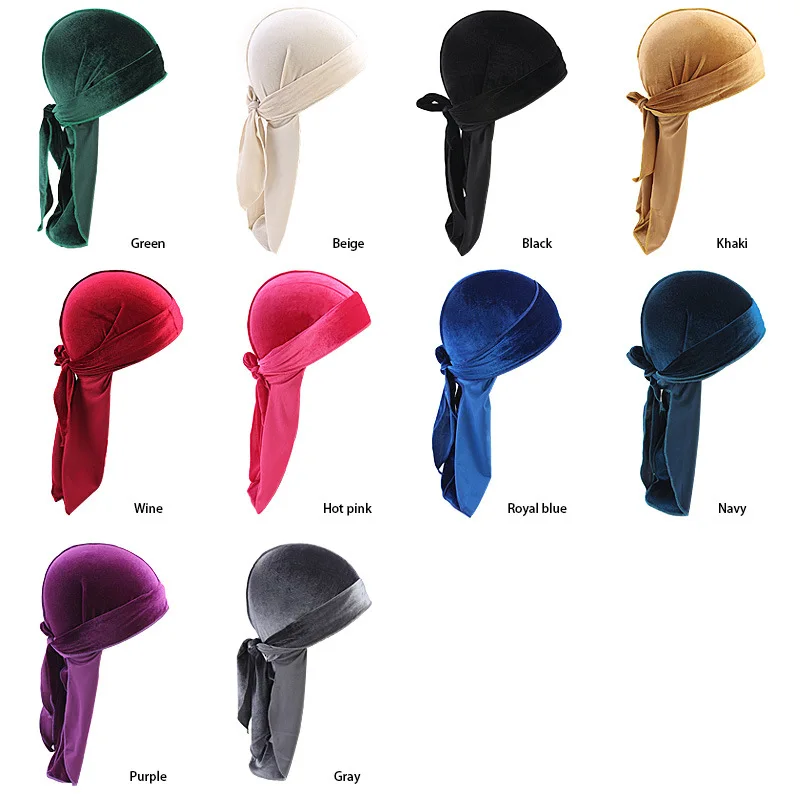 Модная бархатная Кепка Durag для женщин, мягкая шапка-тюрбан, головные уборы с удлиненным хвостом черного и синего цвета, аксессуары для волос Do Doo Du Rag