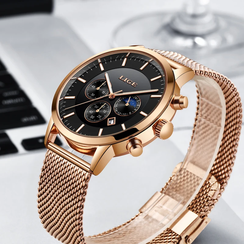 LIGE New Watch Men Casual Grid All Steel Strap Male Automatic Date Waterproof Sport Quartz Wristwatch Luxury Chronograph+Box | Наручные