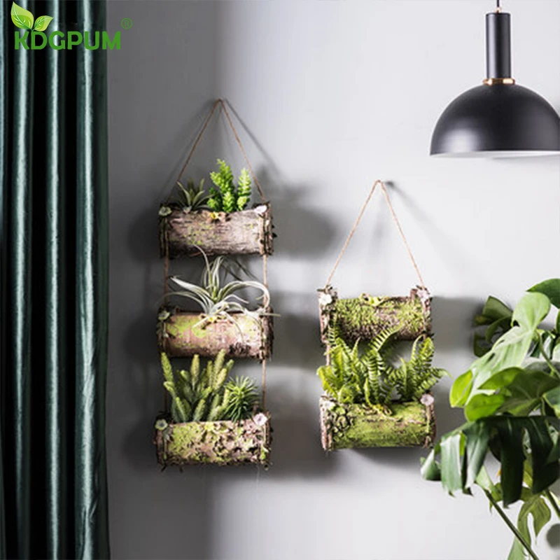 Household Wall Hanging Flower Pot Natural Bark Flower Pot Handmade Hemp Rope Bow Vertical Flower Pot Creative Wall Decoration
