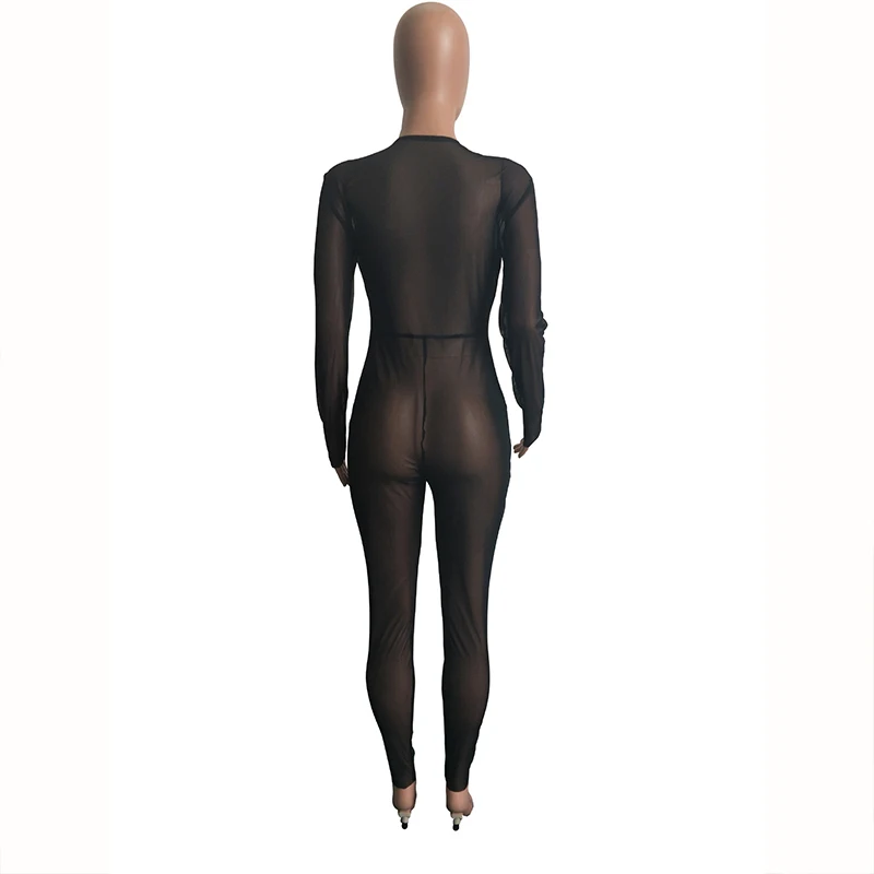 Для женщин сетка комбинезон Sheer See Through с длинным рукавом молнии спереди V шеи Bodycon
