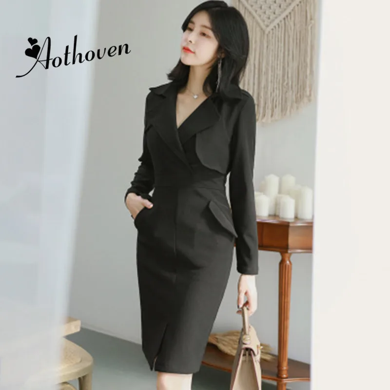 

2018 Autumn Office Bodycon Pencil Dress Women Black Notched Collar Long Sleeve Sexy Party Dress Vintage Bandage Dresses Vestidos