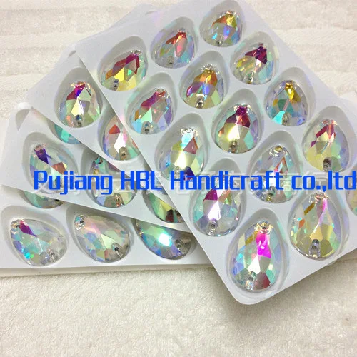 60pcs/lot 17X28MM Teardrop Grid Sew on Stone Crystal Clear AB 2 holes color Flatback Droplet Sewing For Dress Garment |