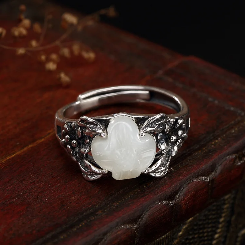 2018 Direct Selling Sale Women Anel Feminino S925 Sterling Retro Thai Natural Hetian Mosaic Lotus Lady Opening Ring Wholesale | Украшения и