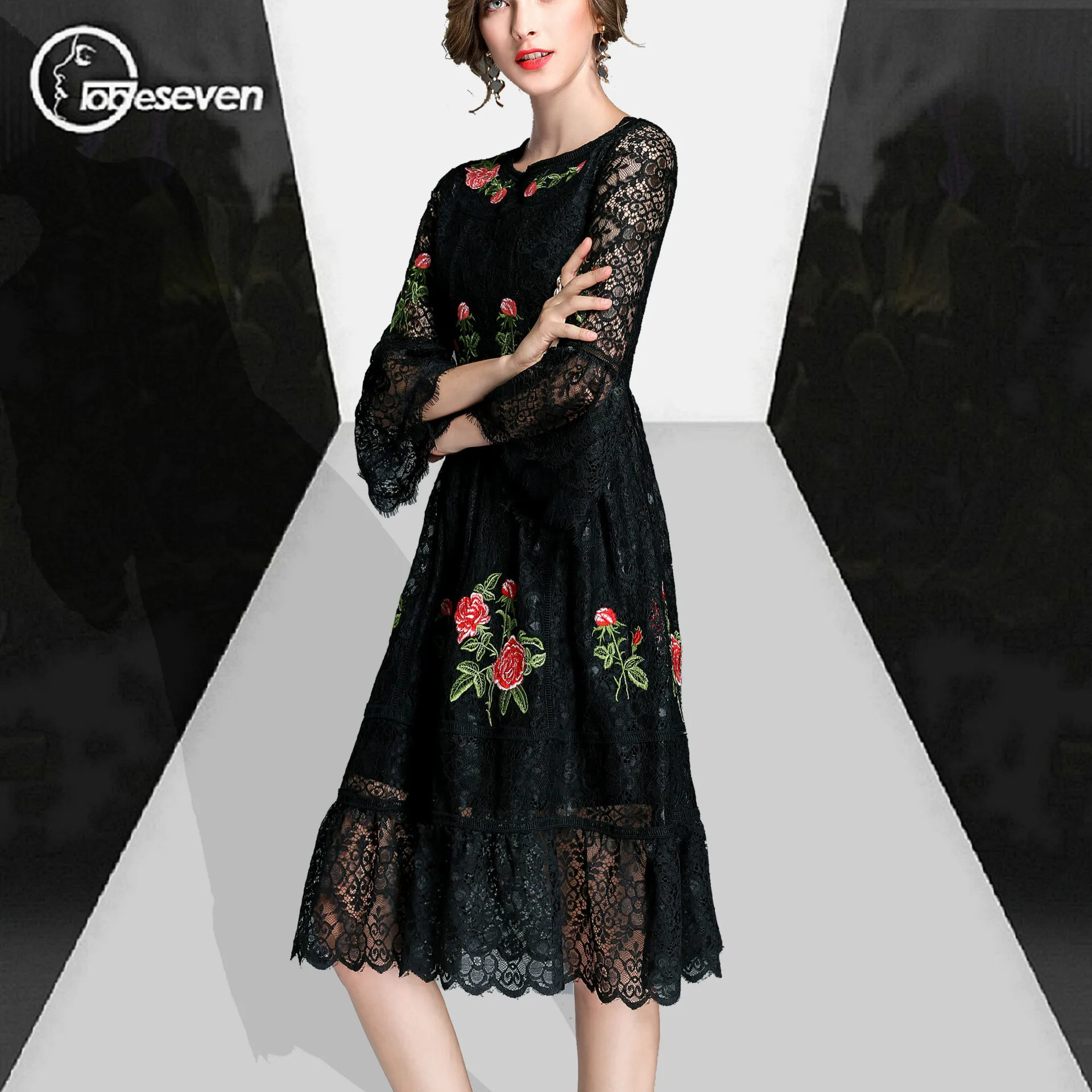 2017 Autumn New Women Clothing High Quality Runway Hollow Out Patchwork Embroidery Black Dress | Женская одежда