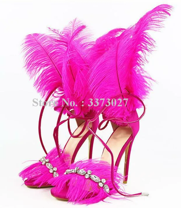 Murah Bulu Tipis Tumit Kristal Gladiator Sandal Fashion Wanita Cross-Dasi Stiletto Tinggi Tumit Sandal Bling Rhinestone Pompa