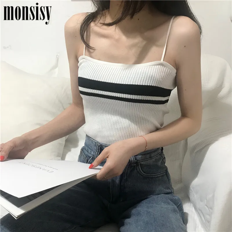 Monsisy 2019 Новый вязать StrapTank Топы Для женщин черноты жилет без рукавов Простой