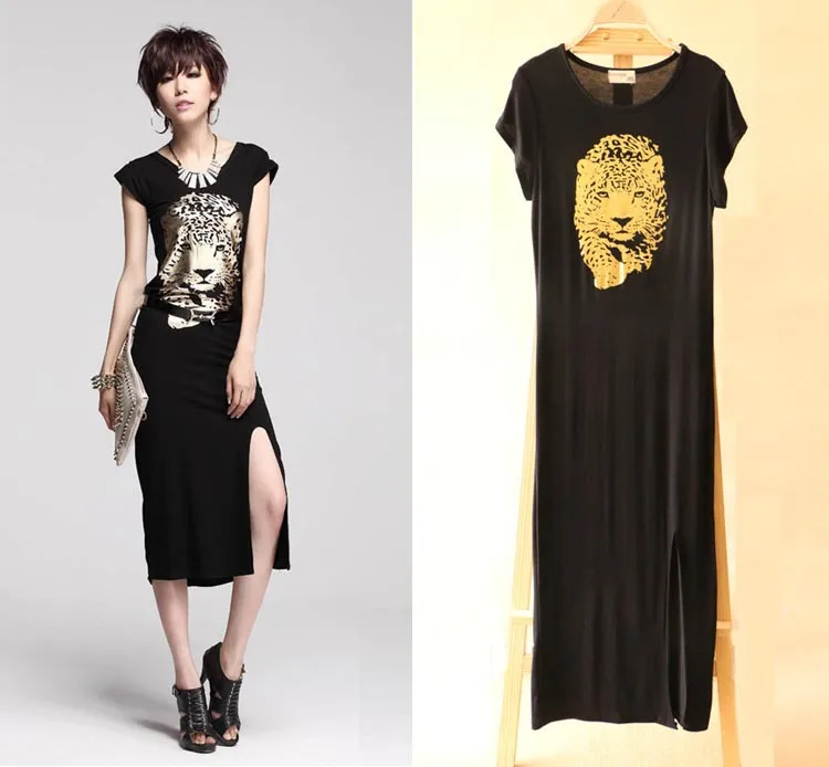 free shipping Women Spring 2014 Summer Black print golden leopard cotton Women's mid-calf Sexy long party Casual Dress Vestidos | Женская