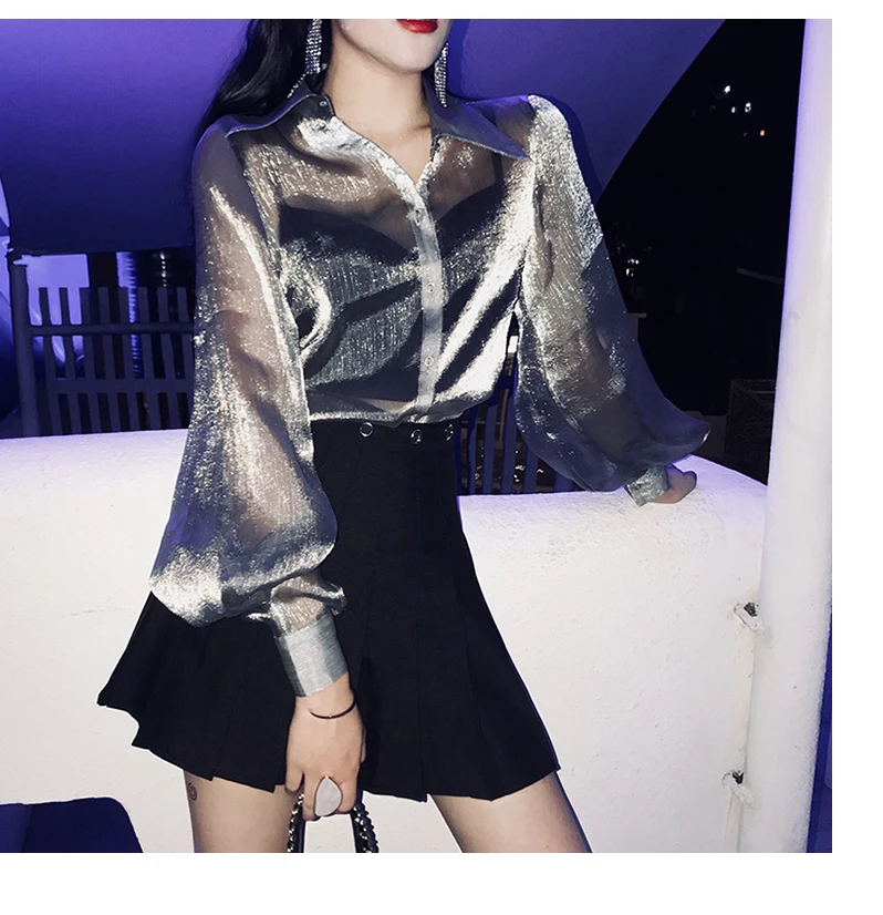 

spring summer Sunscreen Women's Clothing Blouses perspective woman shirts turn-down collar lantern sleeve tops Korean new