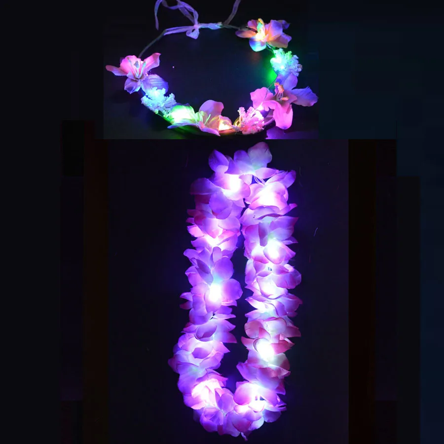 purple garland Светильник светящийся светодиодный гавайский танец хула Луау цветок головной убор Leis гирлянда ожерелье оголовье венок День рождения украшение свадьбы - Цвет: purple garland