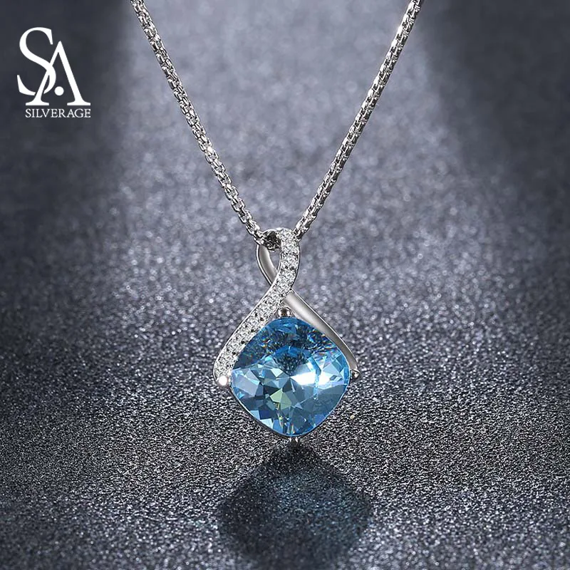 

US Domestic Sale 925 Sterling Silver Blue Crystal Long Necklaces Pendants Fine Jewelry Water Drop Maxi Trendy Pendant Necklace