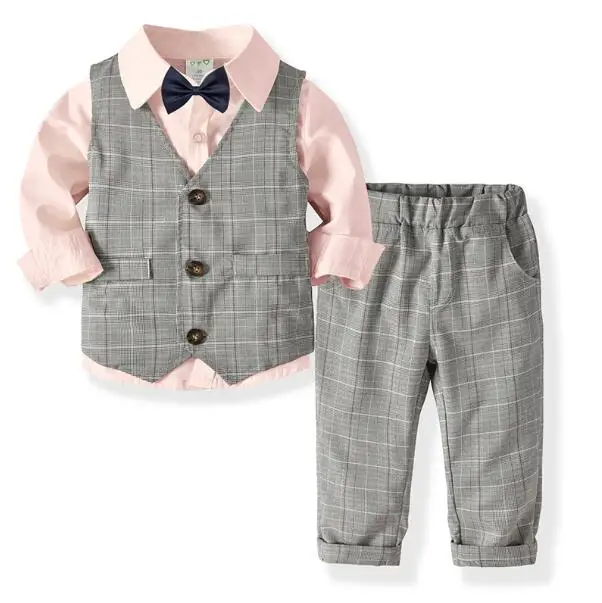 Pink Grey Одежда для мальчиков; комплекты для джентльменов; вязаный жилет; рубашка; брюки; комплект; детские костюмы с бантом; пальто; топы; полосатая одежда; одежда для близнецов - Цвет: Pink Grey