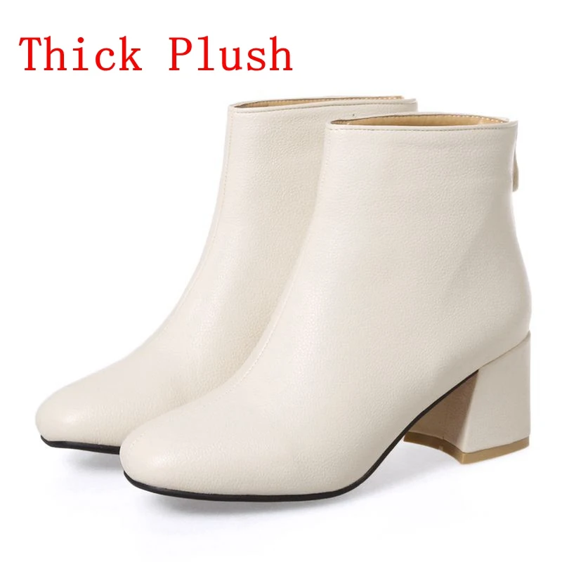 Beige Thick Plush REAVE CAT/женские сапоги до середины икры женские сапоги на высоком каблуке осенне-зимние однотонные сапоги из искусственной кожи на молнии, большие размеры 32-46, теплые черные, бежевые, белые, A006 - Цвет: Beige Thick Plush