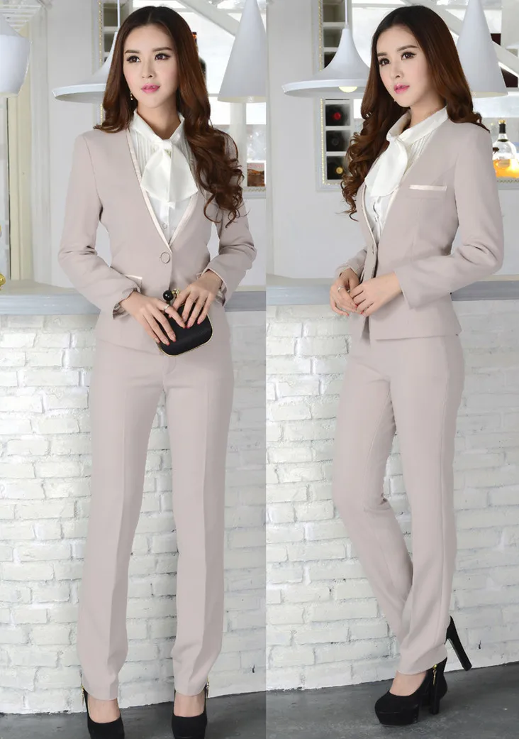 Office Ladies Beige / Black Pants suits 