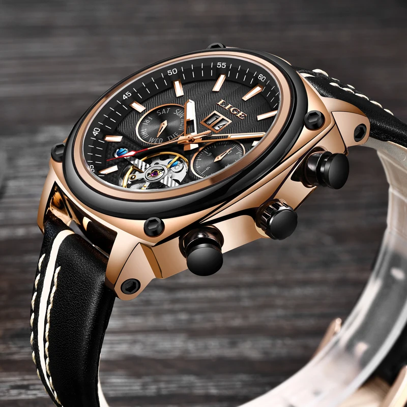 LIGE Брендовые мужские часы автоматические механические Tourbillon спортивные кожаные