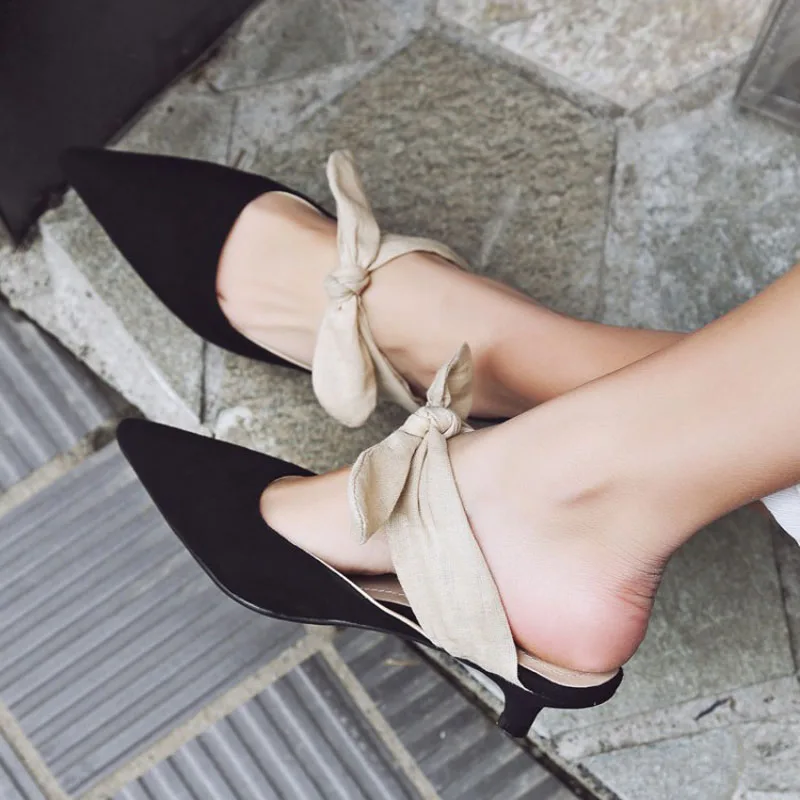 

Sexy Ladies Cotton Butterfly Knot Decor Close Pointed toe Slipper Woman Kitten Heel Slingbacks Street Dress Slide Sandals Shoes