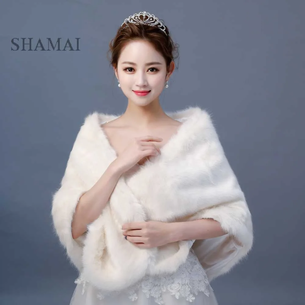 

SHAMAI Long Faux Fur Winter Bridal Wraps Warm Fur Boleros Bridal Cape Evening Coat High Quality Wedding Jacket bridesmaids wrap