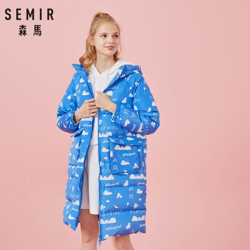 SEMIR Для женщин длинный пуховик с принтом пальто капюшоном открытым карман