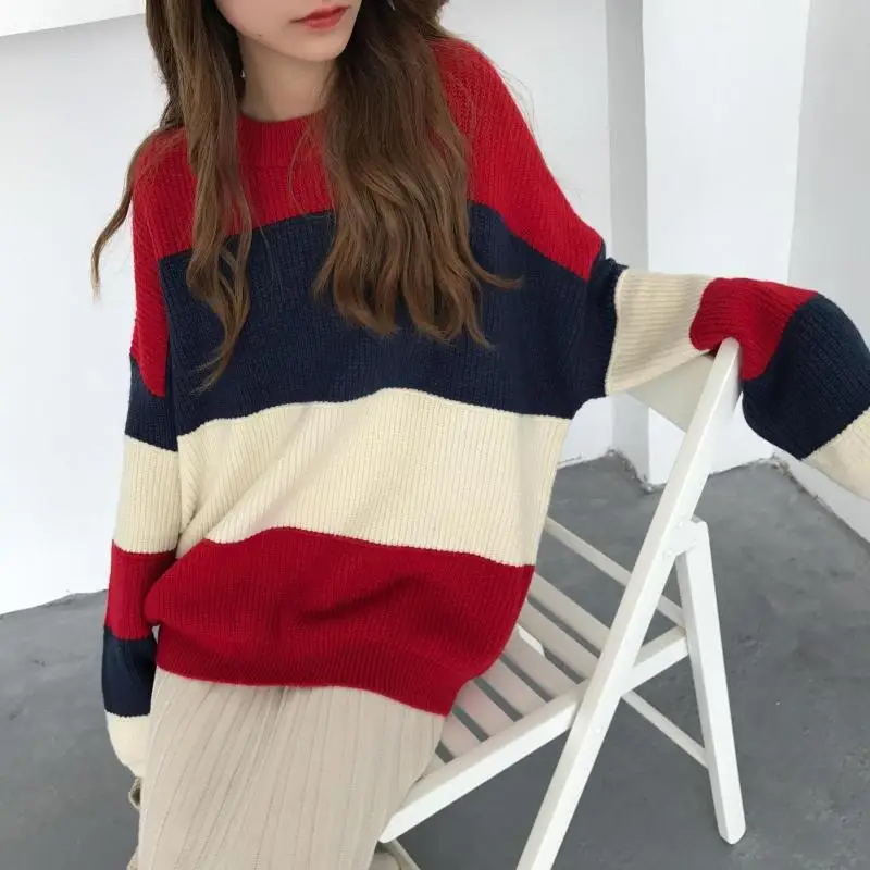 RUGOD 2018 Fashion Loose Christmas Sweater O-neck Striped Oversize Women Long Sleeve Casual Thick Knitted | Женская одежда