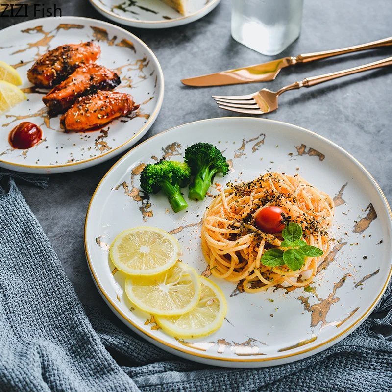 Керамическая обеденная тарелка с мраморной текстурой для риса салата лапши