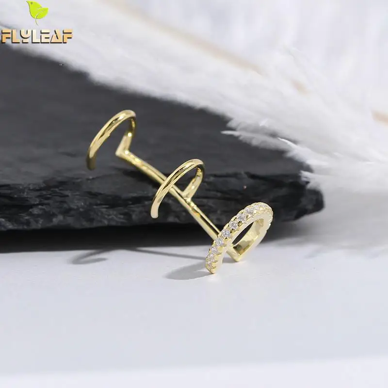 

Flyleaf Gold Multi-layer Line Real 925 Sterling Silver Clip On Earrings For Women Cubic Zirconia Earings Fashion Jewelry Fine