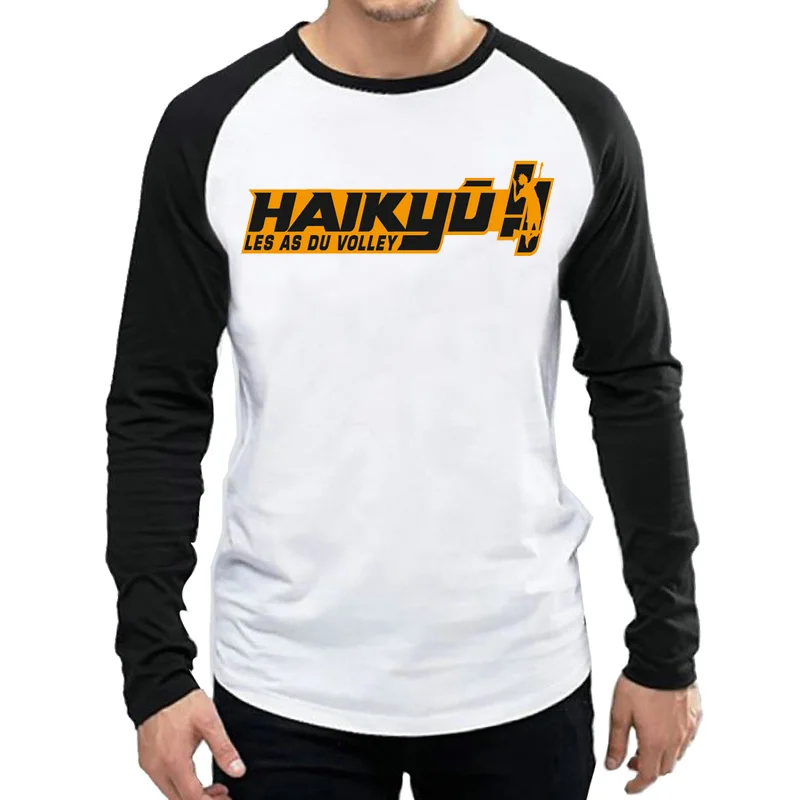 С длинным рукавом Haikyuu футболка белый цвет Мужские Аниме Haikyuu логотип футболка Майки Футболки Длинный рукав Повседневная футболка