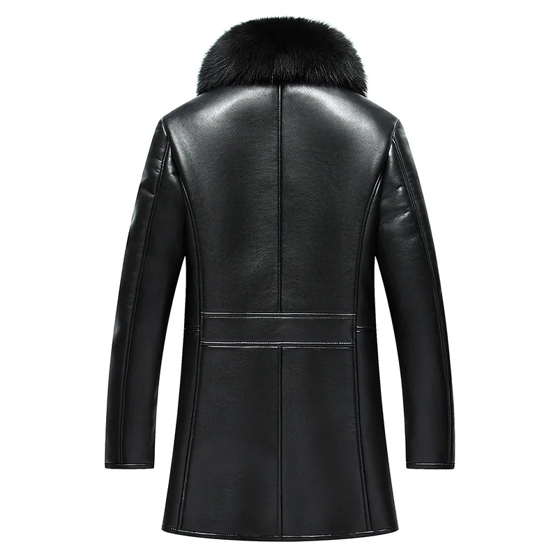 Мужская кожаная куртка с отложным воротником коричневая приталенная из