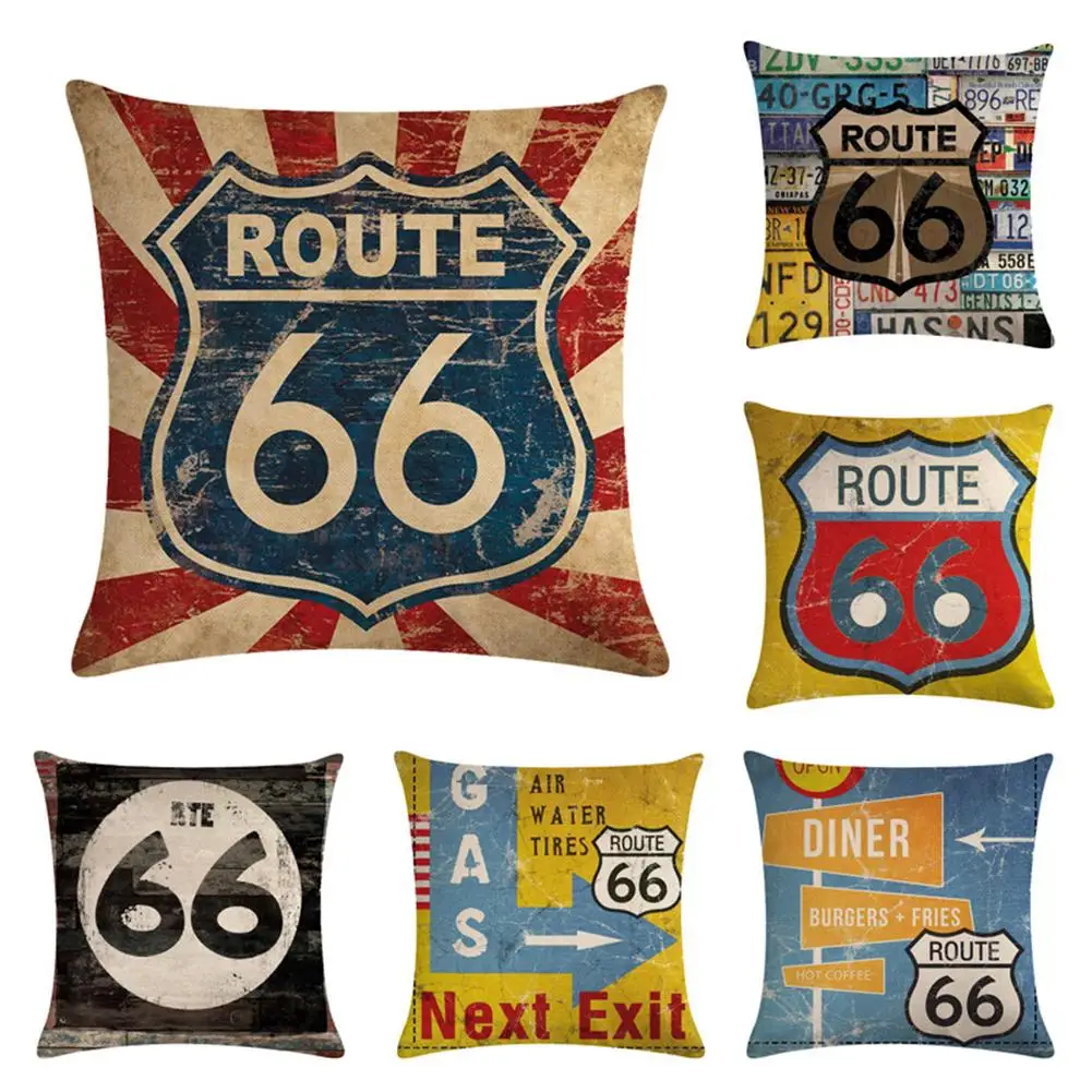 Винтажный двухсторонний чехол для подушки 45*45 Route 66 льняной s декоративные