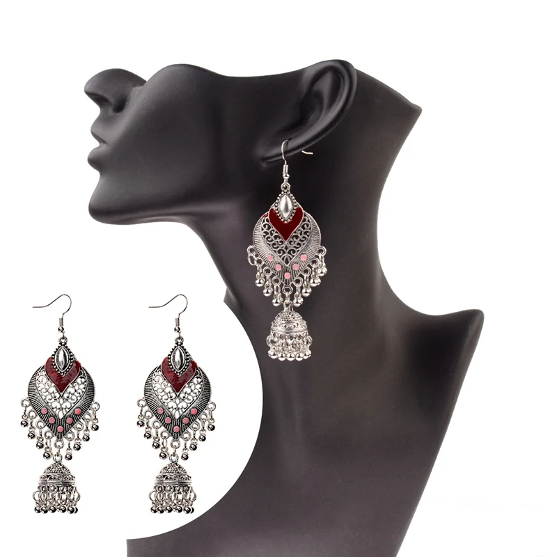 DOUVEI индийские ювелирные изделия Jhumka серебристого цвета полые колокольчики Эффектные серьги богемные винтажные этнические серьги капли воды для женщин