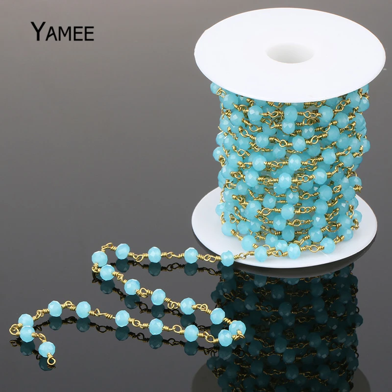 

5 Meters Wire Wrapped Beaded Chain Copper Tone Rosary Chain Faceted Crystal Chain Beads In Blue Color For Jewelry Making