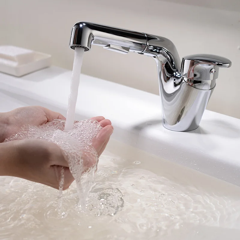 

Chrome pull out faucet solid brass bathroom sink faucet two functions hot and cold water mixer Washing hair faucet